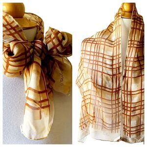 Vintage NOS ECHO Rectangular Brown Tan Silk Scarf Hand Rolled Hem